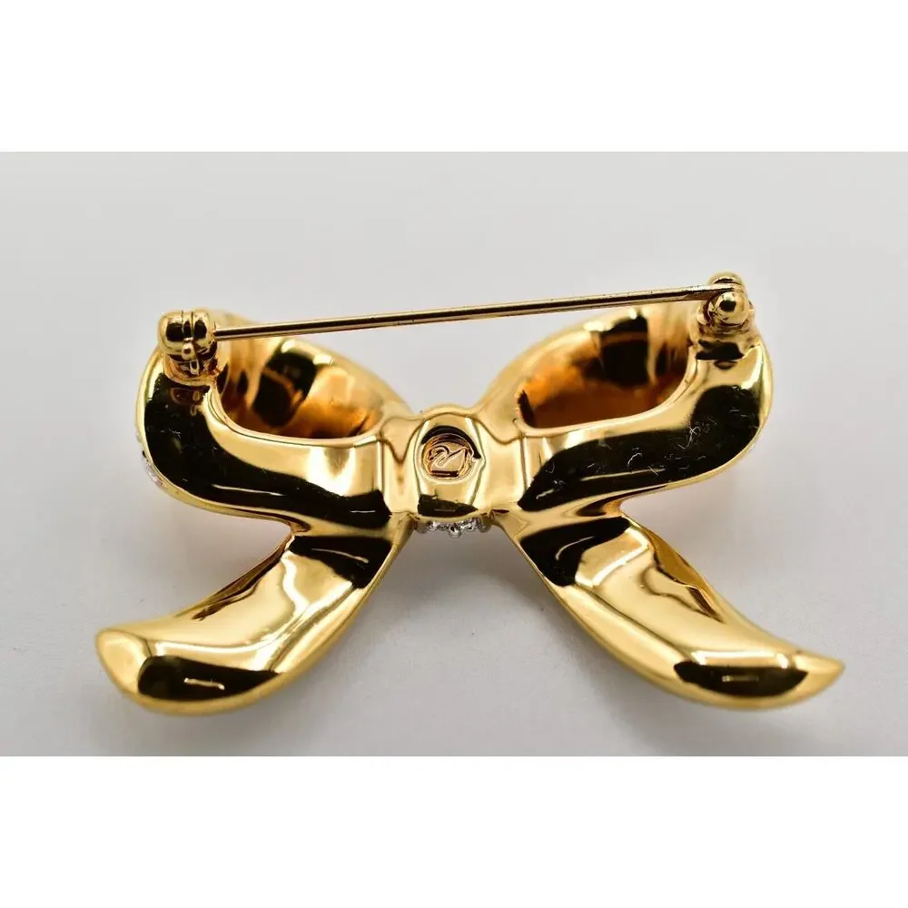 Swarovski Vintage Crystal Bow Pin Brooch Gold Pave Rhinestone Swan Signed BinBG